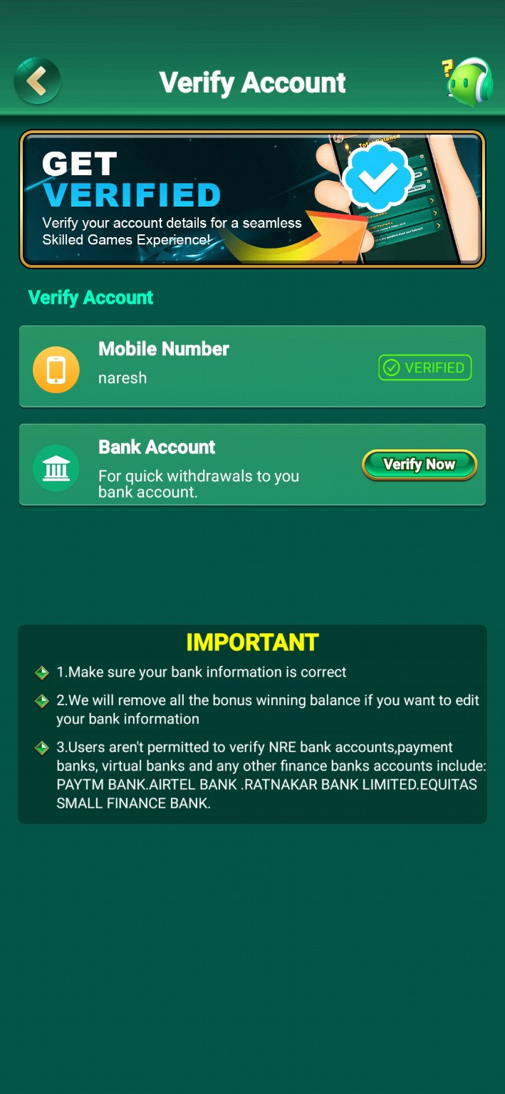 Account verification screen listing mobile-number and bank-account categories